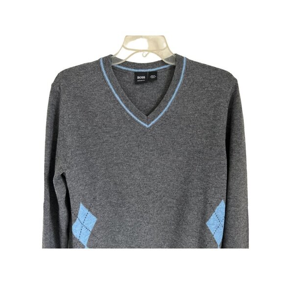 Hugo Boss Merino Wool V-Neck Gray Light Blue Argyle Small - Picture 3 of 11